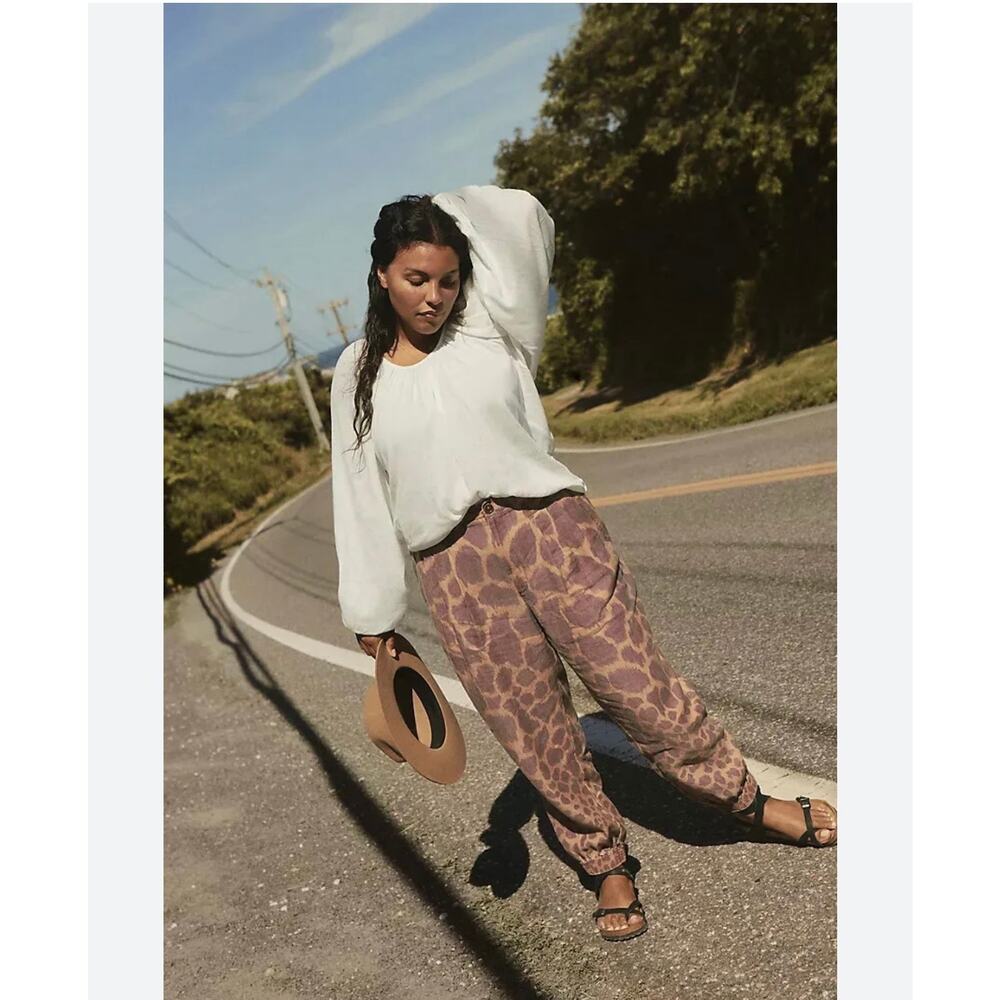 Anthropologie Tamarind Brown Oversize Leopard Print Linen Blend Jogg